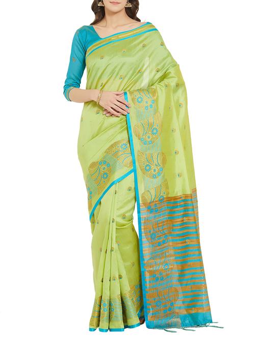 zari motif green woven saree with blouse - 15911679 - Very Small Image - 1