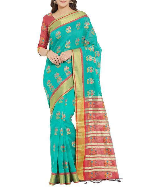floral zari motif woven saree with blouse - 15911680 - Very Small Image - 1