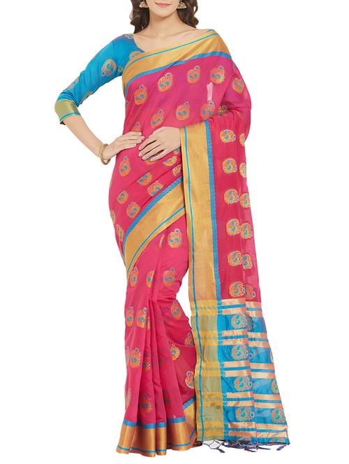 floral zari motif woven saree with blouse - 15911682 - Very Small Image - 1