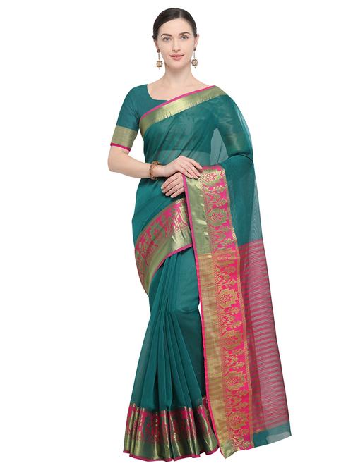 contrast zari border green banarasi saree with blouse - 15917990 - Very Small Image - 1