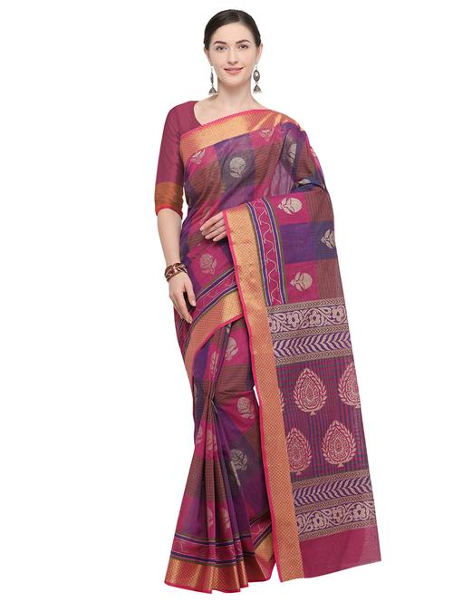 floral zari motif magenta banarasi saree with blouse - 15918002 - Very Small Image - 1
