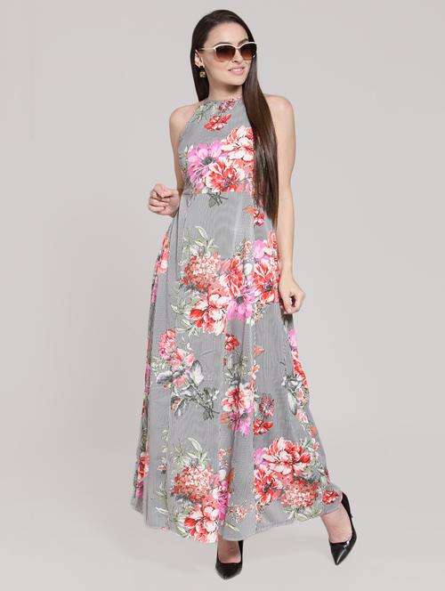 halter neck floral striped maxi dress - 15919058 - Very Small Image - 1