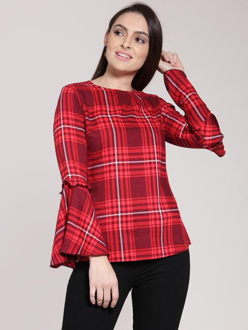 ruffle detail bell sleeved checkered top - 15919094 - Very Small Image - 1