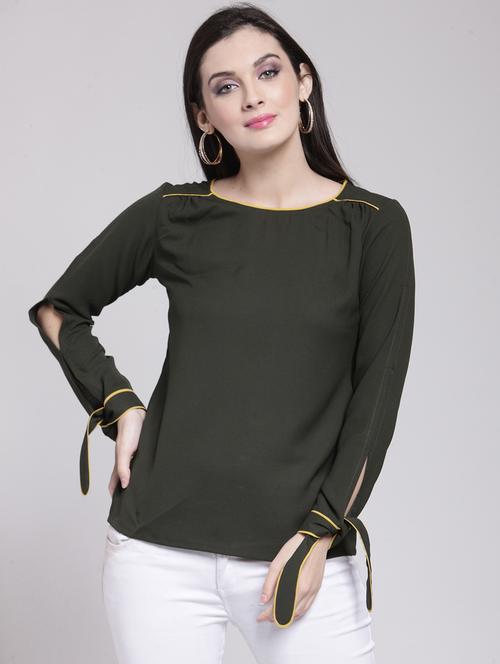 tie up sleeved piping detail top - 15919102 - Very Small Image - 1