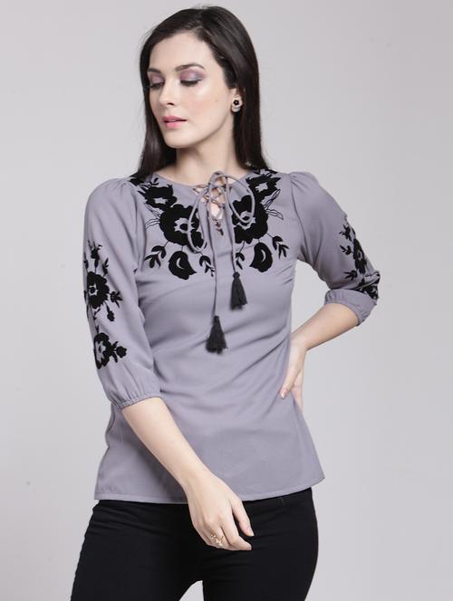 lace up neck floral top - 15919113 - Very Small Image - 1