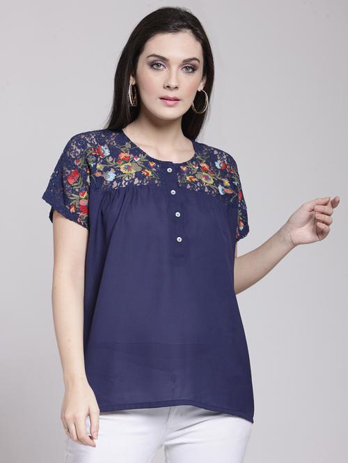 embroidered lace paneled top - 15919136 - Very Small Image - 1