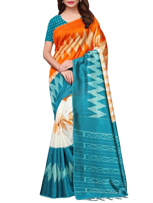 ikat printed turquoise saree with blouse - 15919818 - Very Small Image - 1