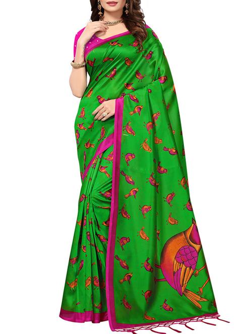 bird motif printed silk saree with blouse - 15920839 - Very Small Image - 1