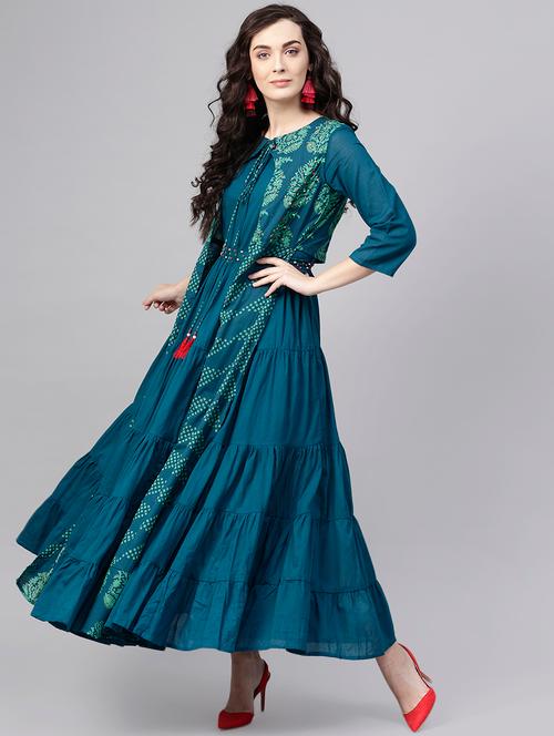 teal tiered layered printed dress - 15921155 - Very Small Image - 1
