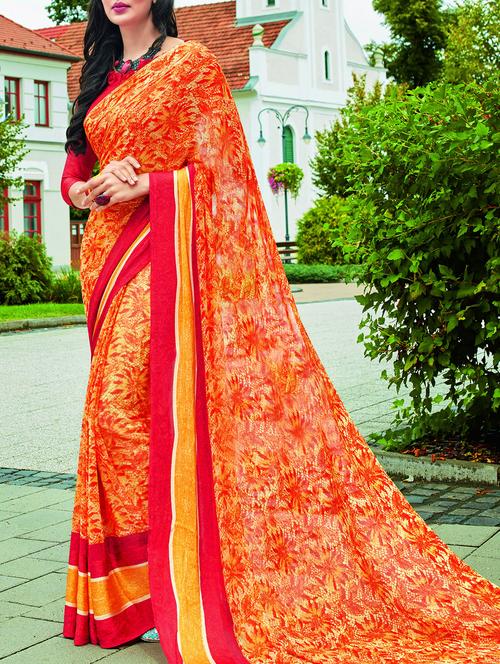 floral orange printed saree with blouse - 15921511 - Very Small Image - 1