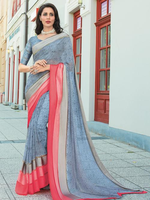 contrast lace border printed saree with blouse - 15921518 - Very Small Image - 1