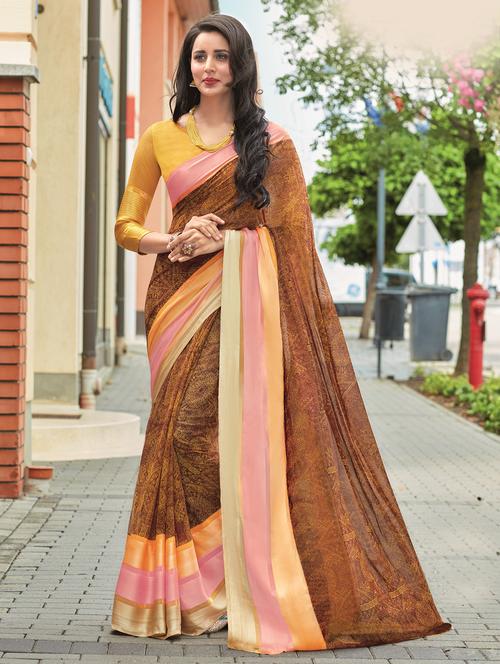 contrast lace border brown printed saree with blouse - 15921519 - Very Small Image - 1