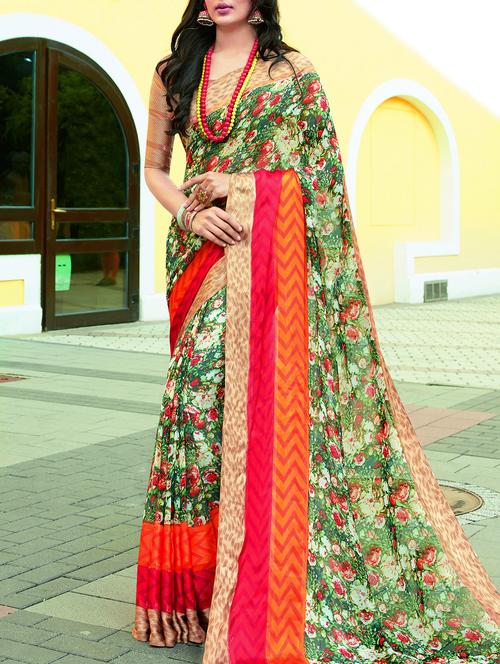 floral green printed saree with blouse - 15921521 - Very Small Image - 1