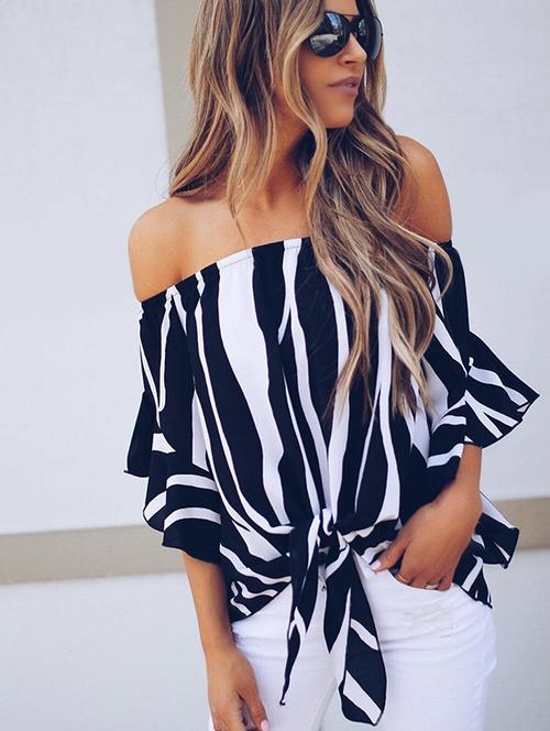 off shoulder tie hem striped top - 15922175 - Very Small Image - 1