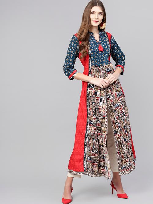 high slit printed kurta with tassels - 15922545 - Very Small Image - 1