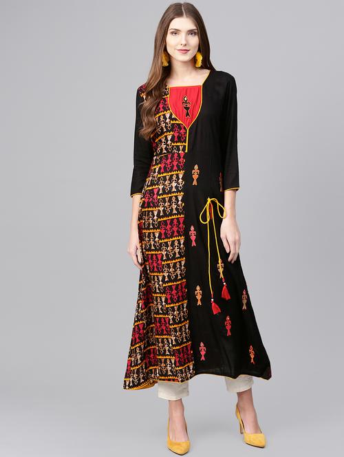 embroidered a-line kurta with tassels - 15922548 - Very Small Image - 1
