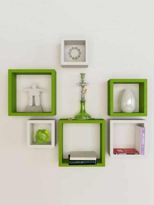 home sparkle set of 6 square wall shelves engineered wood (green & white) - 15923811 - Very Small Image - 1