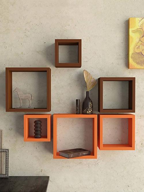 home sparkle set of 6 square wall shelves engineered wood (brown & orange) - 15923813 - Very Small Image - 1