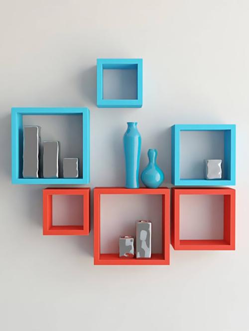 home sparkle set of 6 square wall shelves engineered wood (red & blue) - 15923816 - Very Small Image - 1