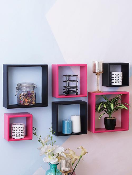 set of 6 square wall shelves engineered wood (black & pink) - 15923817 - Very Small Image - 1
