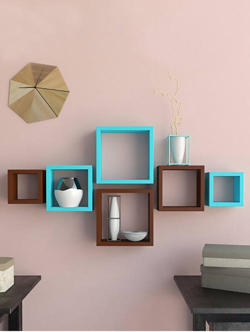 home sparkle set of 6 square wall shelves engineered wood (brown & blue) - 15923819 - Very Small Image - 1