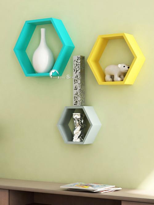 home sparkle hexagonal wall shelves engineered wood (multicolour) - 15923826 - Very Small Image - 1