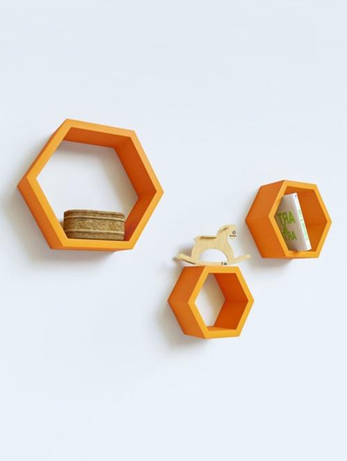 home sparkle set of 3 hexagon wall shelves engineered wood (orange) - 15923831 - Very Small Image - 1