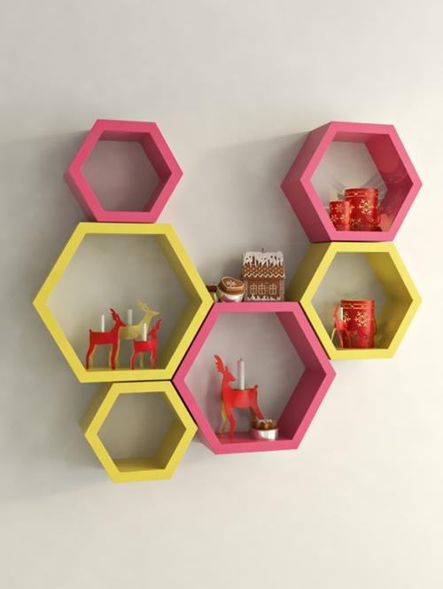 home sparkle set of 6 hexagon wall shelves engineered wood (pink & yellow) - 15923833 - Very Small Image - 1