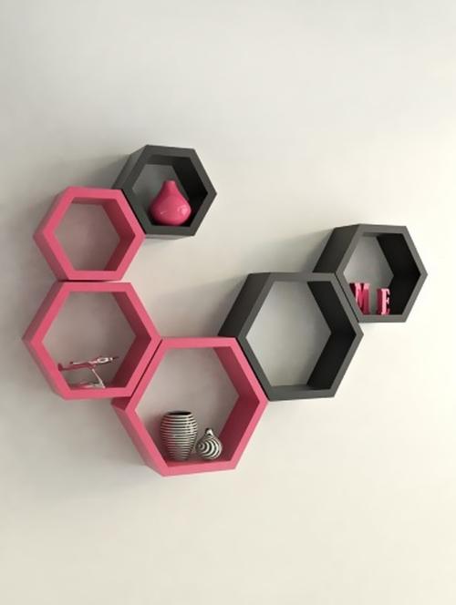 home sparkle set of 6 hexagon wall shelves engineered wood (pink & black) - 15923834 - Very Small Image - 1