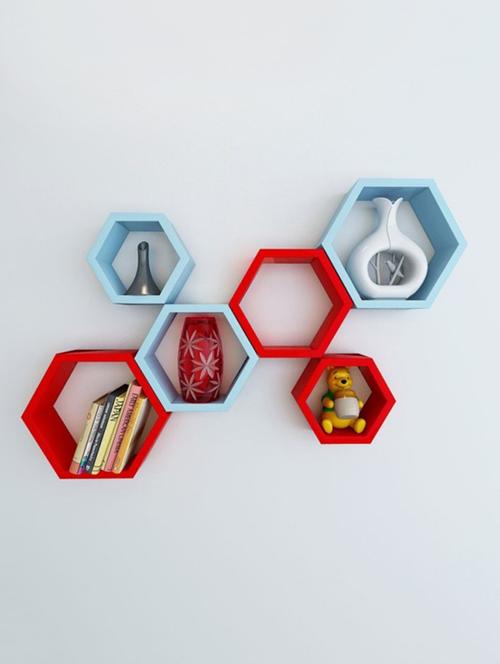 home sparkle set of 6 hexagon wall shelves engineered wood (red & blue) - 15923836 - Very Small Image - 1