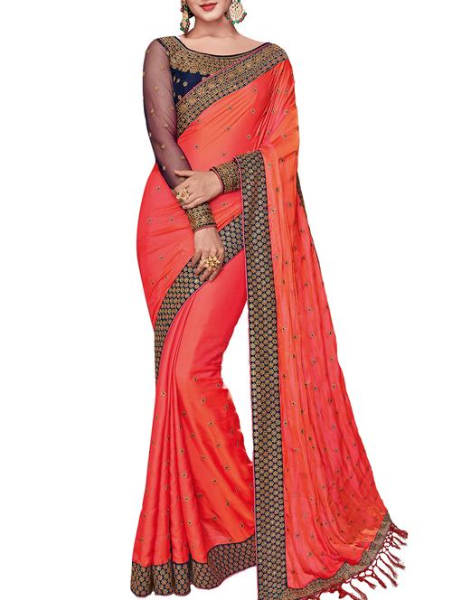 floral embroidered orange saree with blouse - 15924000 - Very Small Image - 1