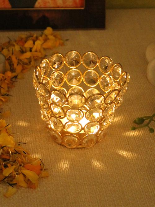 home sparkle glass shaped crystal tea light candle holder stand mild steel (gold) - 15924157 - Very Small Image - 1