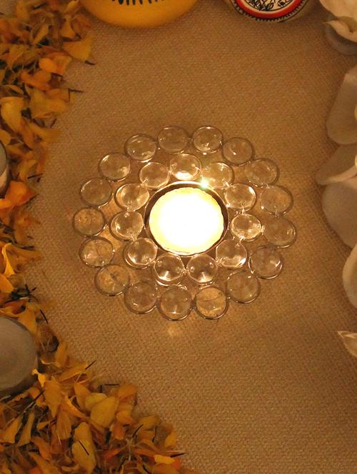 home sparkle flower shaped crystal tea light candle holder stand mild steel (silver) - 15924159 - Very Small Image - 1