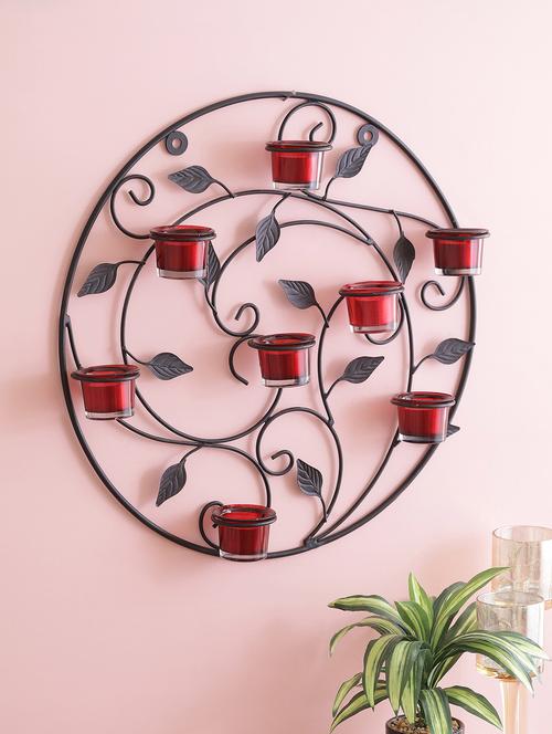 round wall sconce iron tealight candle holders with 8 glass cup (black) - 15924162 - Very Small Image - 1