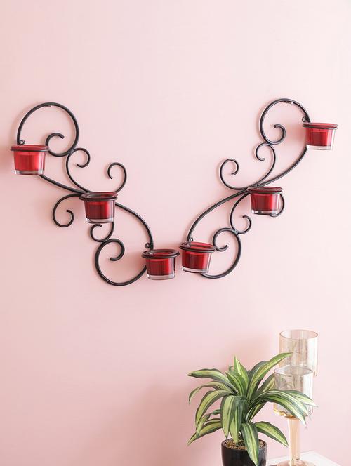 designer wall sconce iron tealight candle holders set of 2 with 6 glass cup (black) - 15924165 - Very Small Image - 1
