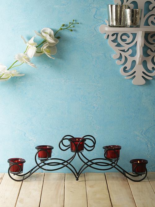 home sparkle five arm black iron candle tealight holder with glass cup stand centerpiece table décor - 15924172 - Very Small Image - 1