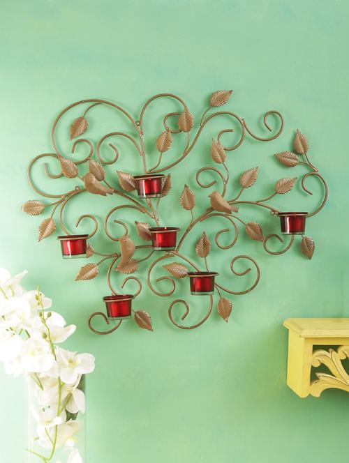 home sparkle leaves wall sconce iron tealight candle holders with 6 glass cup (golden) - 15924188 - Very Small Image - 1