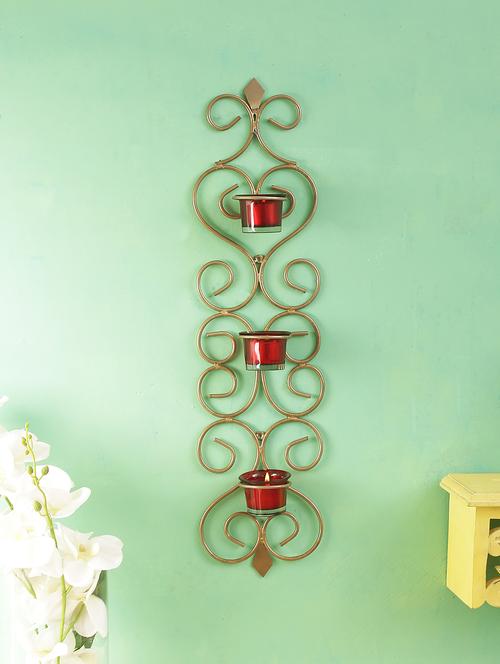 home sparkle long vertical wall sconce iron tealight candle holders with 3 glass cup (golden) - 15924191 - Very Small Image - 1