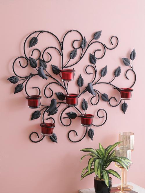 home sparkle leaves wall sconce iron tealight candle holders with 6 glass cup (black) - 15924197 - Very Small Image - 1