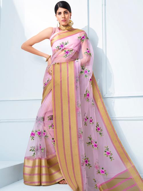 floral embroidered purple saree with blouse - 15926138 - Very Small Image - 1