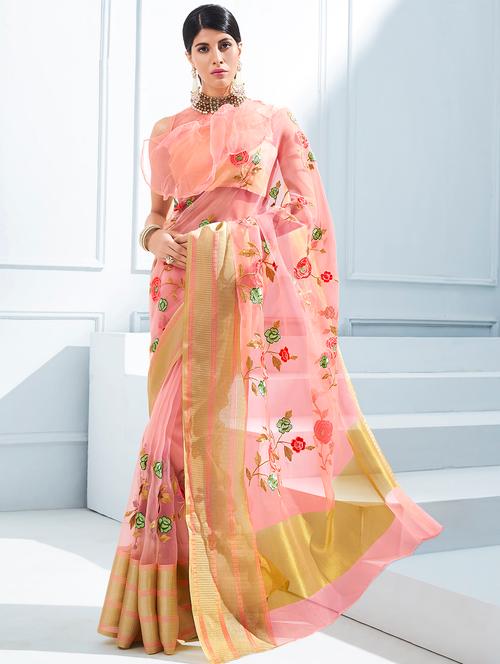 floral embroidered pink saree with blouse - 15926139 - Very Small Image - 1
