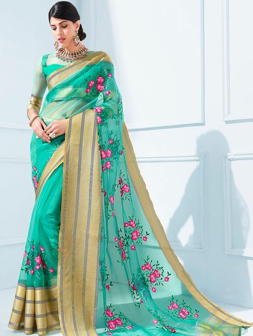 floral embroidered turquoise saree with blouse - 15926140 - Very Small Image - 1