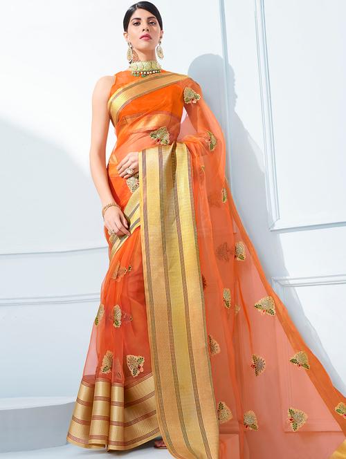 floral embroidered orange saree with blouse - 15926141 - Very Small Image - 1