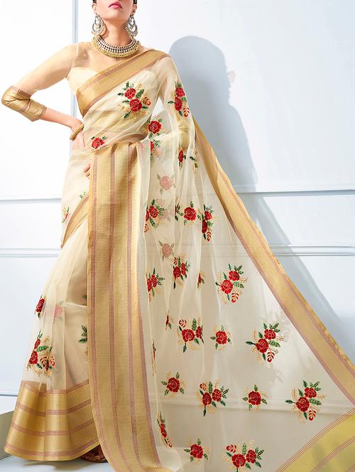 floral embroidered cream saree with blouse - 15926143 - Very Small Image - 1