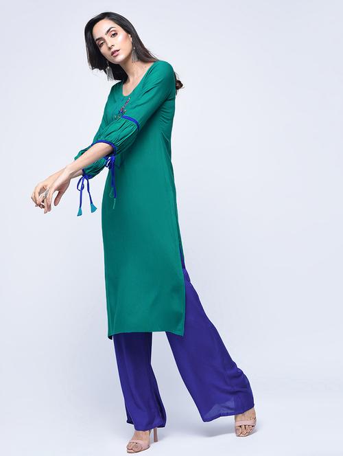 embroidered drawstring sleeve kurta with palazzo set - 15926927 - Very Small Image - 1