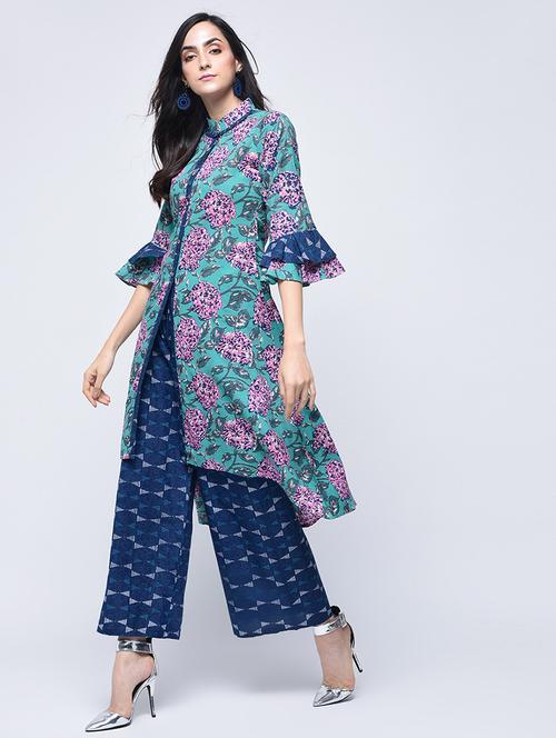 layered bell sleeved high-low kurta with palazzo set - 15926936 - Very Small Image - 1