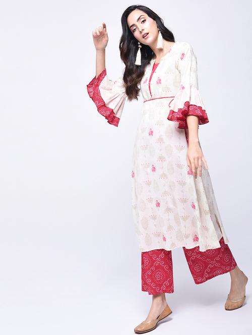 bell sleeved block printed kurta with palazzo set - 15926975 - Very Small Image - 1