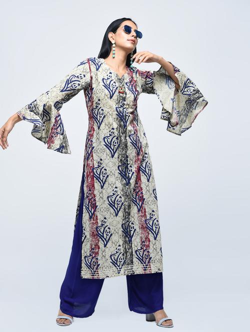 printed bell sleeved kurta with palazzo set - 15927029 - Very Small Image - 1