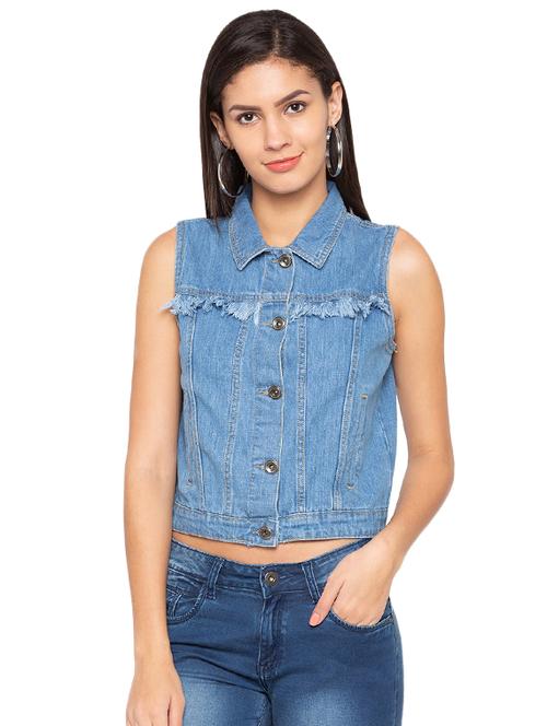 frayed detail button up denim jacket - 15927473 - Very Small Image - 1