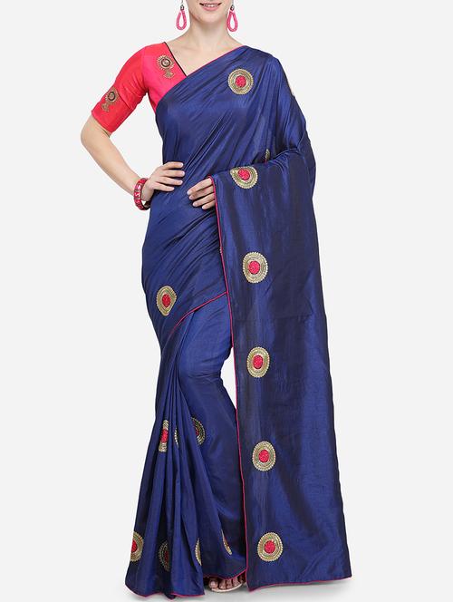 floral navy blue embroidered saree with blouse - 15928500 - Very Small Image - 1